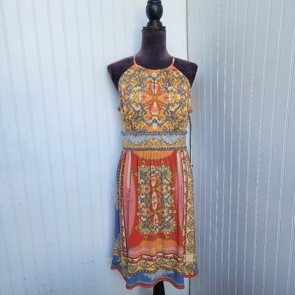 London Times Blue Orange Womens Sleeveless Pullover Halter Stretch Dress Sz 10